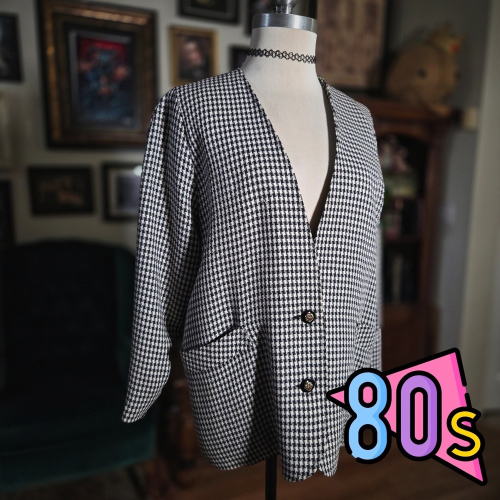 Vintage 80s Munli Burg Black White Houndstooth Blazer Jacket Women‎